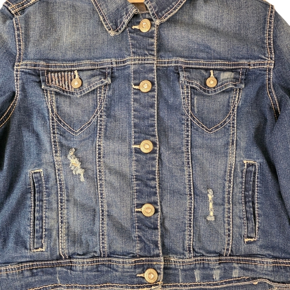 Amethyst Jeans Distressed Crop Denim Jean Jacket Women’s XL Blue Stretch Sequins - Picture 2 of 12